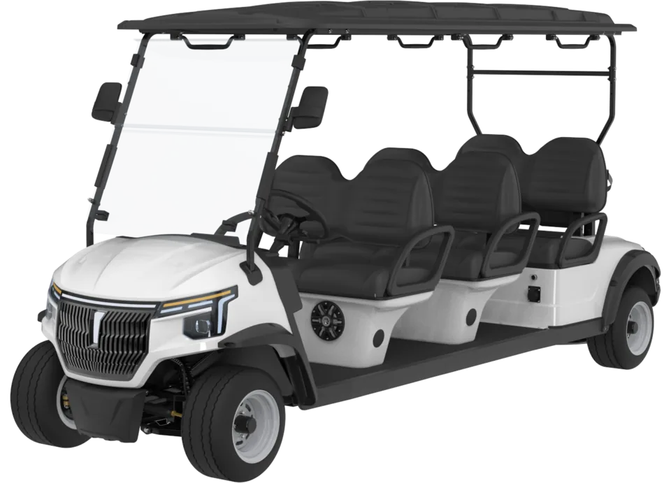 Six-seat electric golf cart with chrome grille, front three-quarter view